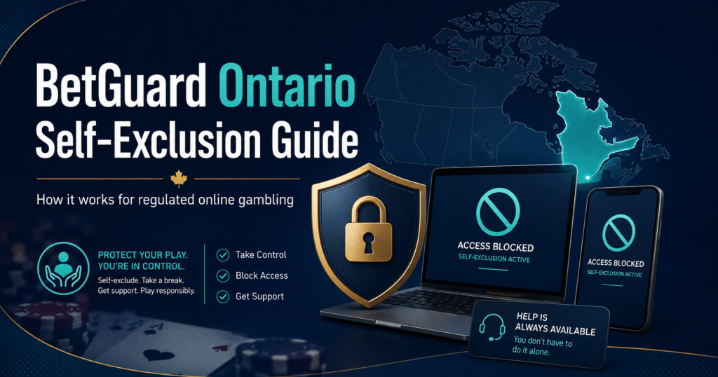 BetGuard Ontario self-exclusion guide showing online gambling access blocked with Ontario map and responsible gambling protection icons